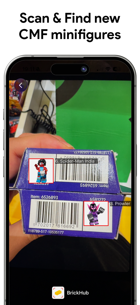 BrickHub mobile app scanning barcodes on LEGO CMF boxes to identify hidden minifigures