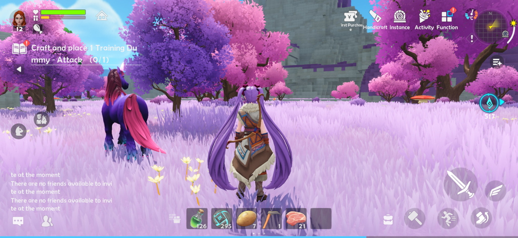 Lightus - A female character with purple pigtails explores a vibrant landscape of pink trees and purple grass next to a unicorn mount in Lightus.