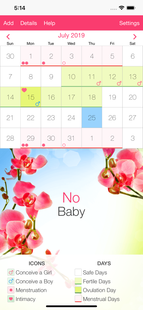 Fertility and Period Tracker - Fertility tracker app calendar displaying menstruation and ovulation cycles