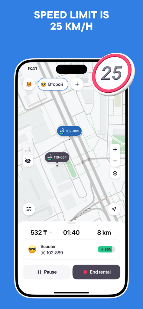 JET – scooter sharing - Interface do aplicativo de compartilhamento de patinetes JET mostrando um mapa com patinetes disponíveis e uma notificação de limite de velocidade