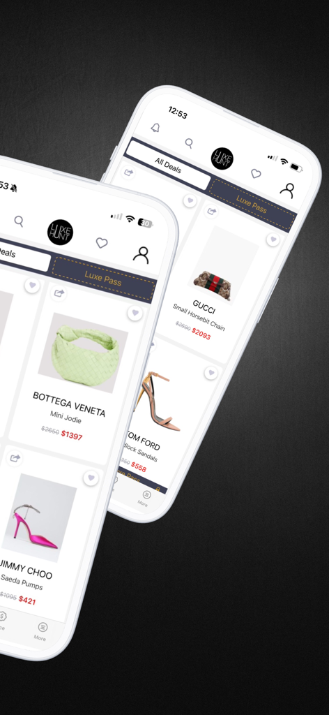 Luxe Hunt mobile App-Oberfläche mit rabattierten Luxus-Designerprodukten, einschließlich Bottega Veneta und Gucci.