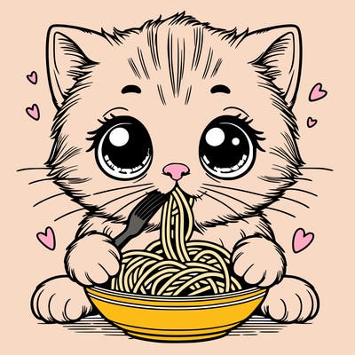kitten with big eyes and small mouth eating spaghetti