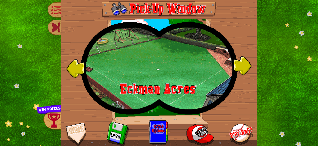 Backyard Baseball '97 - Backyard Baseball 97 field selection screen showing the Eckman Acres field through binoculars