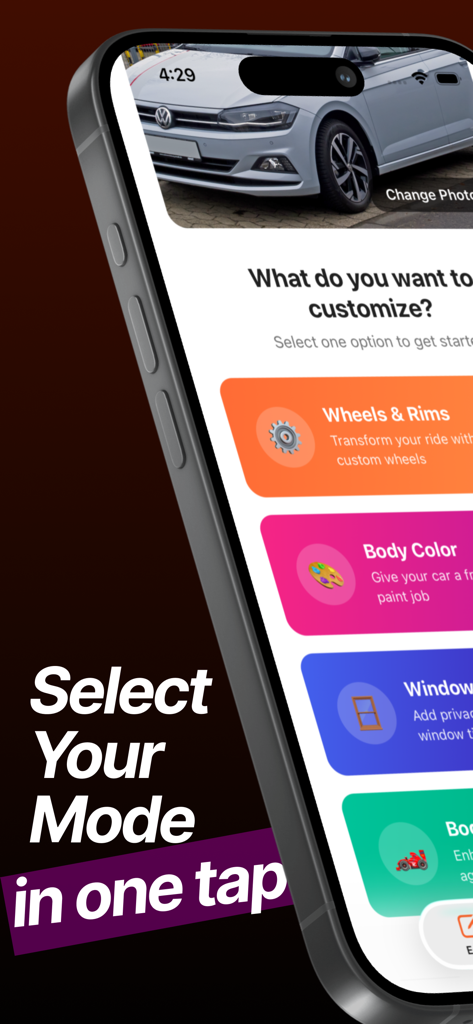Interfaz de la aplicación RevvUp Car Customizer AI mostrando opciones para llantas, color de carrocería, tinte de ventanas y kits de carrocería