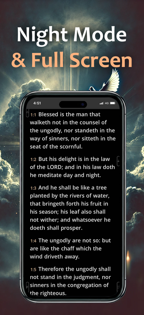 A smartphone showing the 1611 King James Bible app interface in Night Mode and Full Screen featuring white text on a black background.