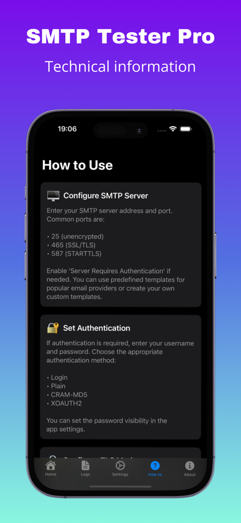 SMTP Tester Pro app screen displaying the How to Use guide for server and authentication setup.