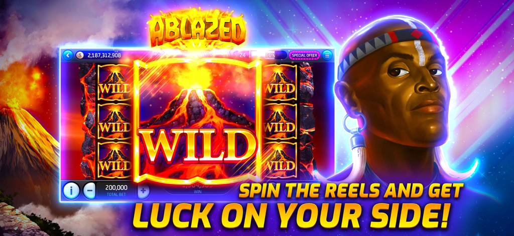 Jackpot Zoo™ Slots Casino Game - Jackpot Zoo Slots game screen featuring a volcanic eruption theme with wild symbols and a tribal character