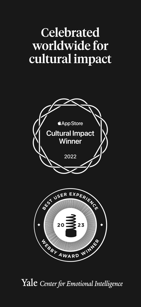 예일 감성 지능 센터 로고와 함께 Apple App Store Cultural Impact Winner 및 Webby Award for Best User Experience를 포함한 How We Feel 앱에 대한 수상 내역