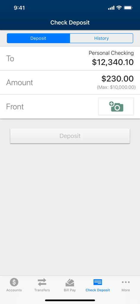 1st MidAmerica CU mobile app interface for remote check deposit showing amount entry and account selection