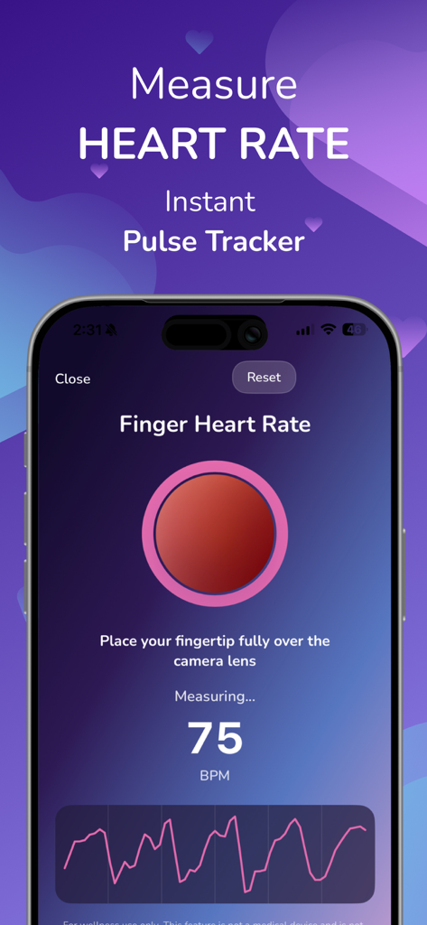 Smartphone screen showing the Hear my Heart app interface for measuring finger pulse rate at 75 BPM