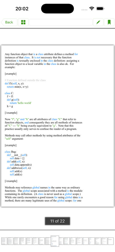 A mobile screen showing Python programming tutorial content with code examples for classes and methods.