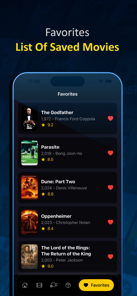 Absolute - Movies & TVShow Box - La pantalla de favoritos de la aplicación Absolute que muestra una lista de películas guardadas.