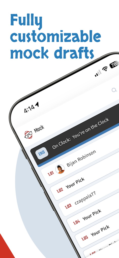 L'interfaccia dell'app Dynasty Nerds che visualizza un mock draft di football fantasy completamente personalizzabile con classifiche dei giocatori e scelte del draft