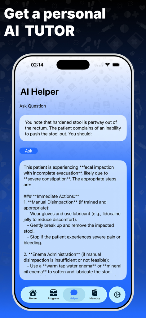 Screenshot of the NCLEX Review and Prep 2026 app showing the AI Tutor feature providing medical explanations