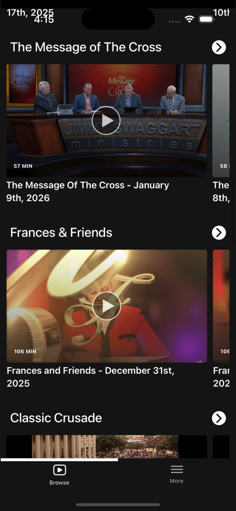 SBN NOW - Browse screen of the SBN NOW app showing religious programs like The Message of The Cross and Frances and Friends