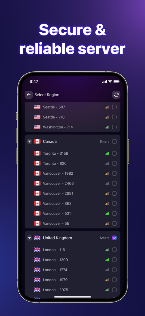 WebShield VPN - Private&Secure - Una lista de servidores VPN seguros y confiables en EE. UU., Canadá y Reino Unido dentro de la interfaz de la aplicación WebShield.