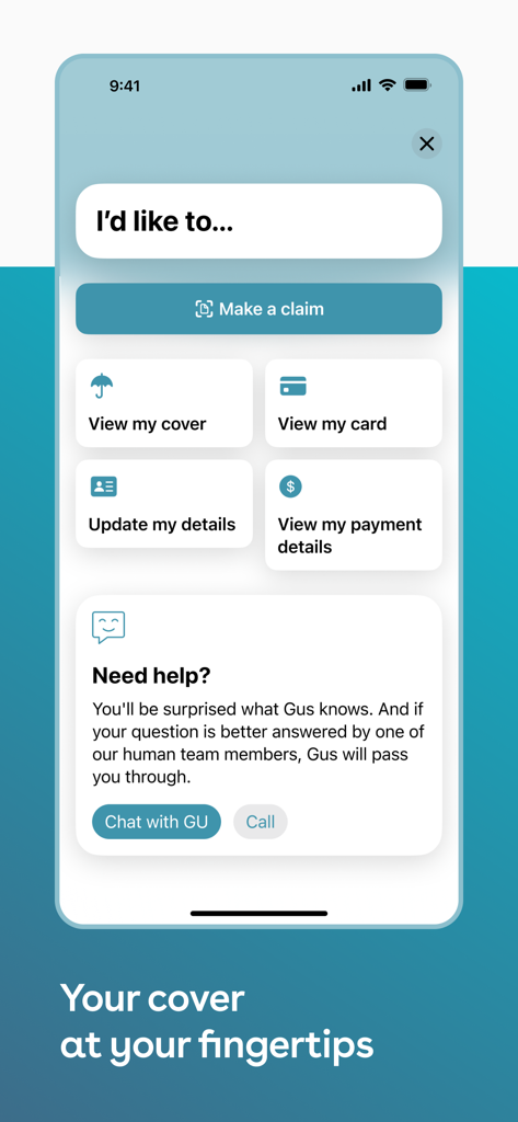 GU Health - Interface do aplicativo GU Health mostrando opções do painel para fazer reclamações, visualizar cobertura, gerenciar pagamentos e chat de suporte ao cliente.
