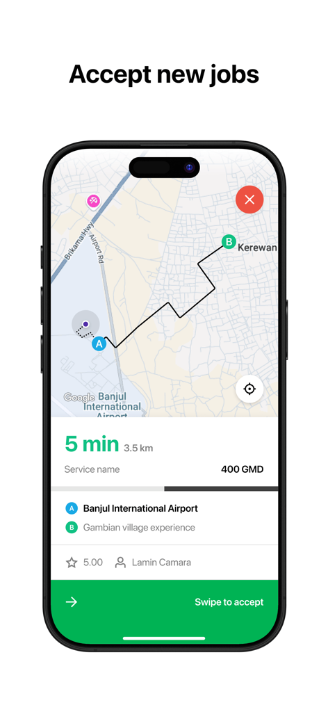 Gamride Driver - Une capture d'écran de l'application Gamride Driver affichant une nouvelle demande de trajet avec navigation cartographique depuis l'aéroport international de Banjul