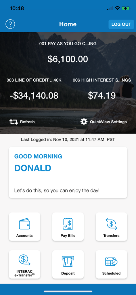 Coastal Community Credit Union mobile banking app home screen showing account balances and main menu.