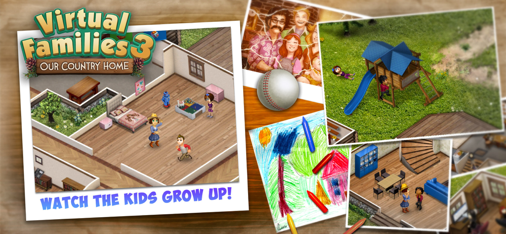 Gameplay-Szenen aus Virtual Families 3, die Familienmitglieder in einem Landhaus und draußen spielende Kinder zeigen.