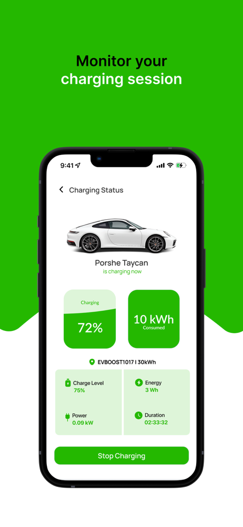 EV Boost - EV Boost mobile app interface showing real-time electric vehicle charging status with battery percentage and energy consumption metrics.