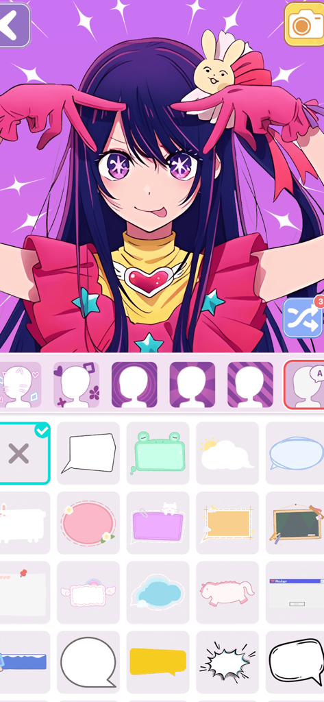 Menú de creación de personajes de anime en Vlinder Avatar Maker que muestra opciones de bocadillos de diálogo