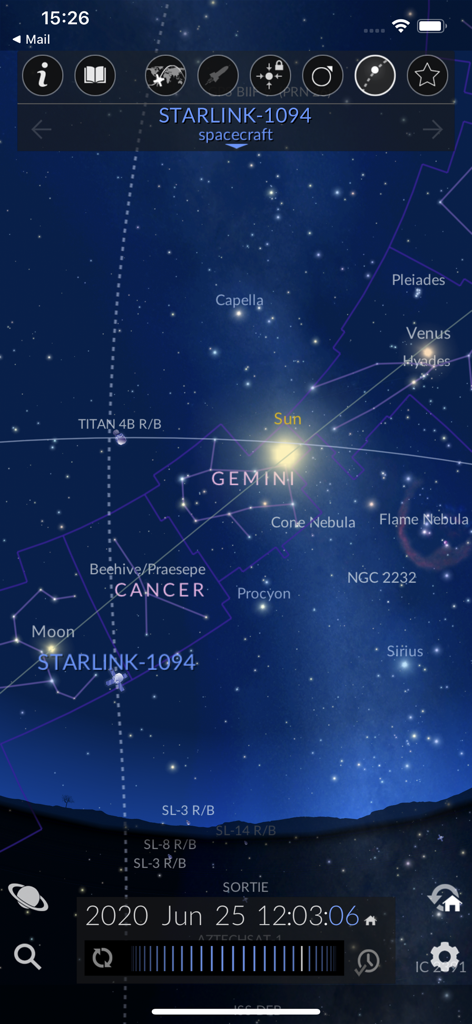The Sky Pro by Redshift - Interface of The Sky Pro app showing Gemini and Cancer constellations with Starlink satellite tracking