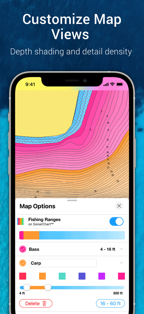 Navionics® Boating - Interfaz de la app Navionics Boating mostrando opciones de personalización del mapa con sombreado de profundidad y configuración de rangos de pesca para lubina y carpa