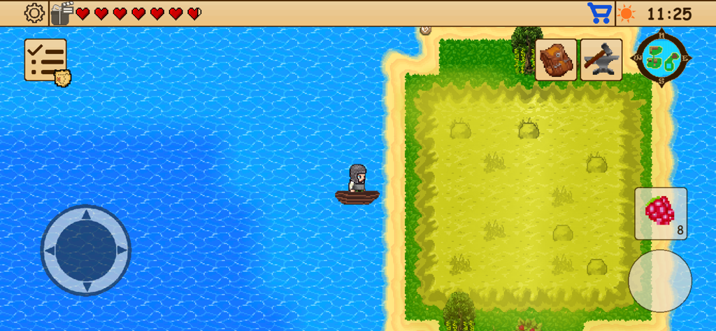 Survival RPG 1: Lost Treasure - Um personagem de pixel art em um barco navegando em direção a uma ilha verde no Survival RPG 1.