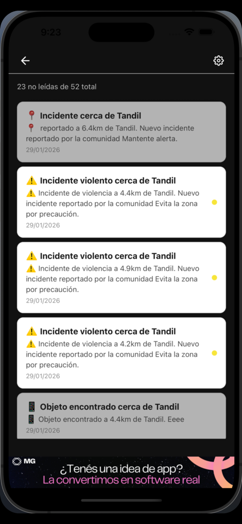 Alerta comunidad - Pantalla móvil que muestra una lista de alertas de seguridad comunitaria y reportes de incidentes locales en la app Alerta comunidad