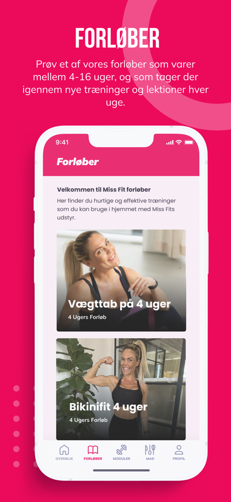 Miss Fit - Miss Fit app interface displaying four-week weight loss and bikini fit training programs for women