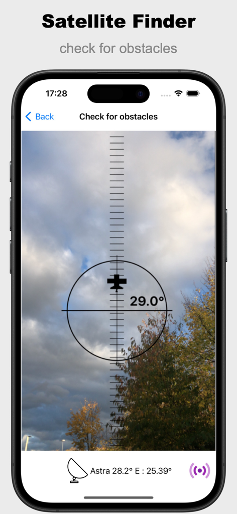 Satellite Finder (Pro) - 木々による信号干渉を確認するための拡張現実（AR）障害物検出を表示する、Satellite Finder Proアプリのインターフェース。