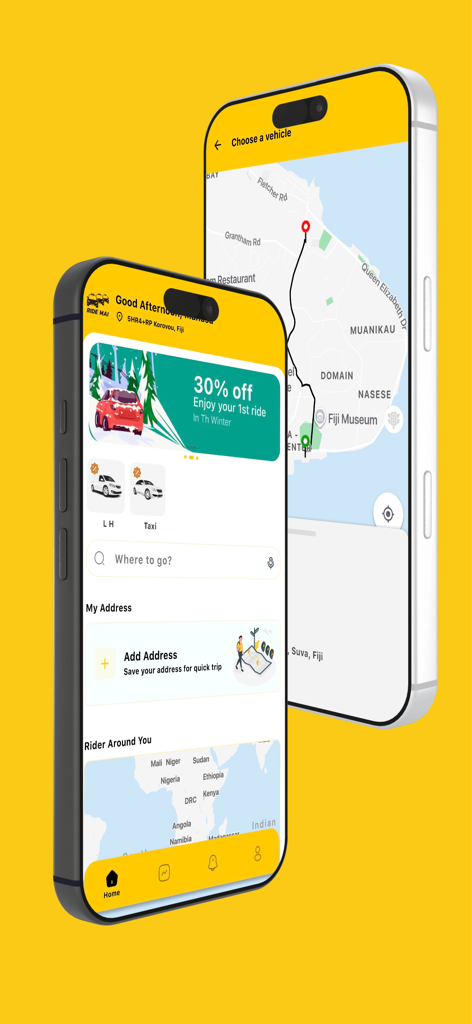 RideMai - Interface do aplicativo RideMai no iPhone mostrando mapa de compartilhamento de caronas e tela inicial com banner de desconto