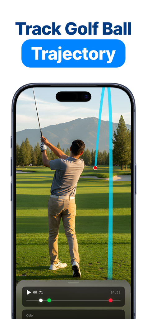 Mobile app interface showing a blue tracer line tracking a golf ball flight path on a video of a golfer