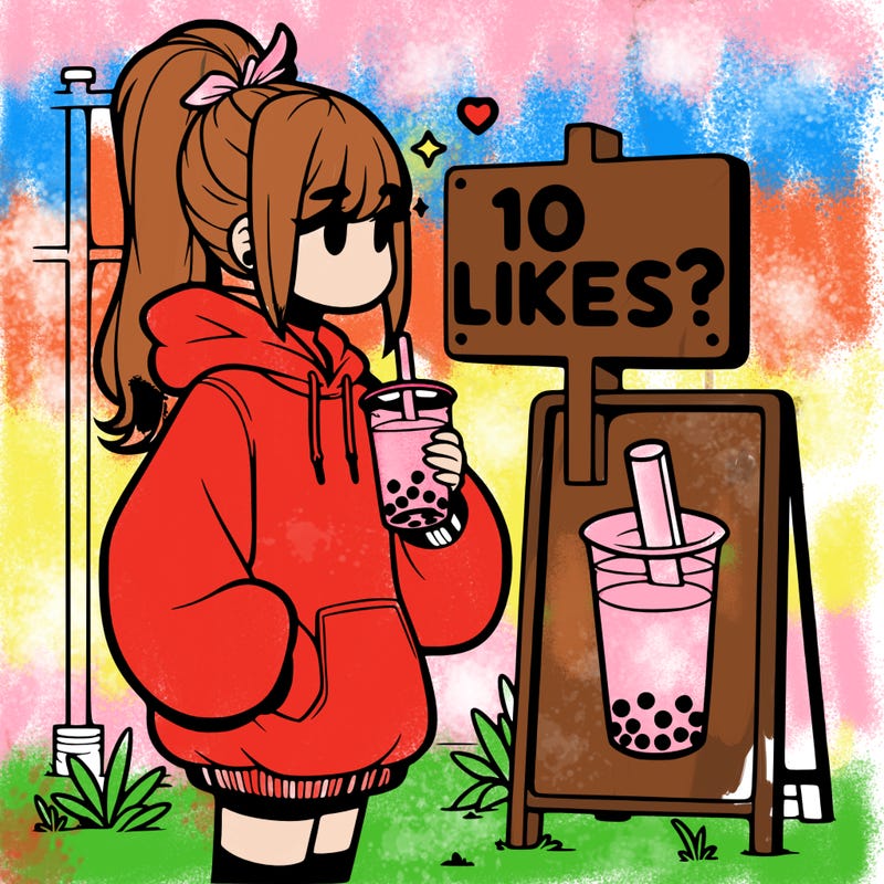 girl with oversized hoodie drinking boba and she has a high ponytail with a sign that says 10likes?
