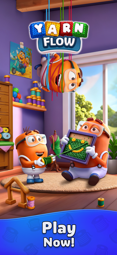 Yarn Flow - Cute orange characters in a cozy yarn workshop from the Yarn Flow mobile puzzle game