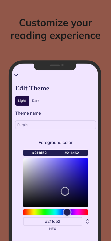 Tribooks app interface showing theme editing options including a color picker and light or dark mode selection