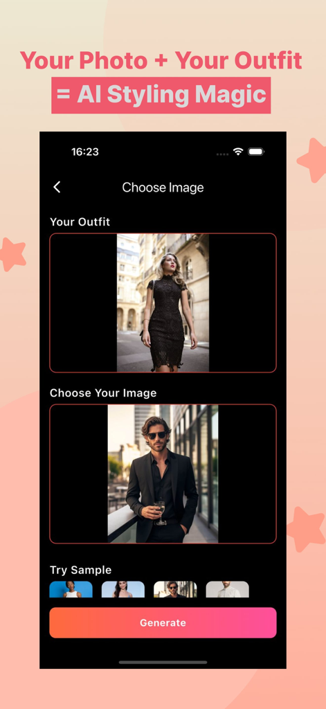 AI Outfit Swap app interface for choosing outfit and person images to generate a virtual try on