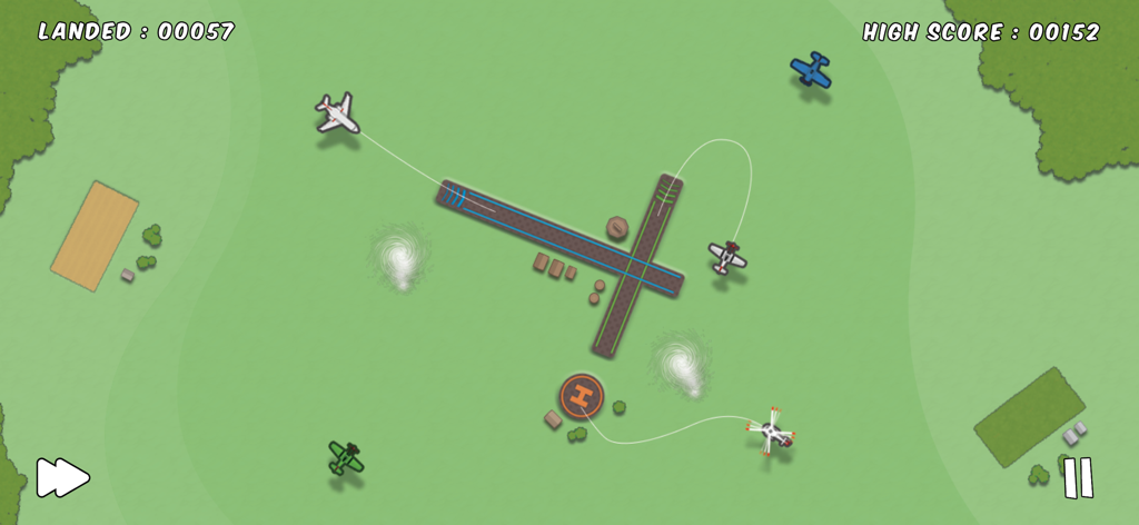 Top-down gameplay of Planes Control showing various aircraft being guided to runways and a helipad using drawn flight paths.