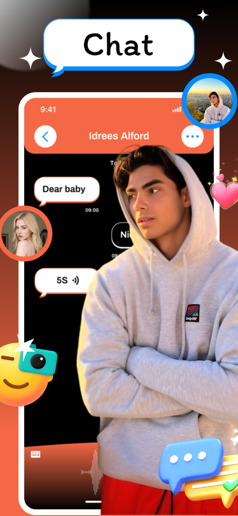 Viewr：Video Chat & Share Life - Interface of Viewr app showing a text chat conversation with a young man in a grey hoodie