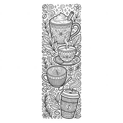 Indulge in the comforting world of hot beverages with this exquisite Coffee & Tea Bookmark coloring page. This intricate design, perfect for adults and teens, features detailed mugs and steaming cups surrounded by charming botanical elements.
