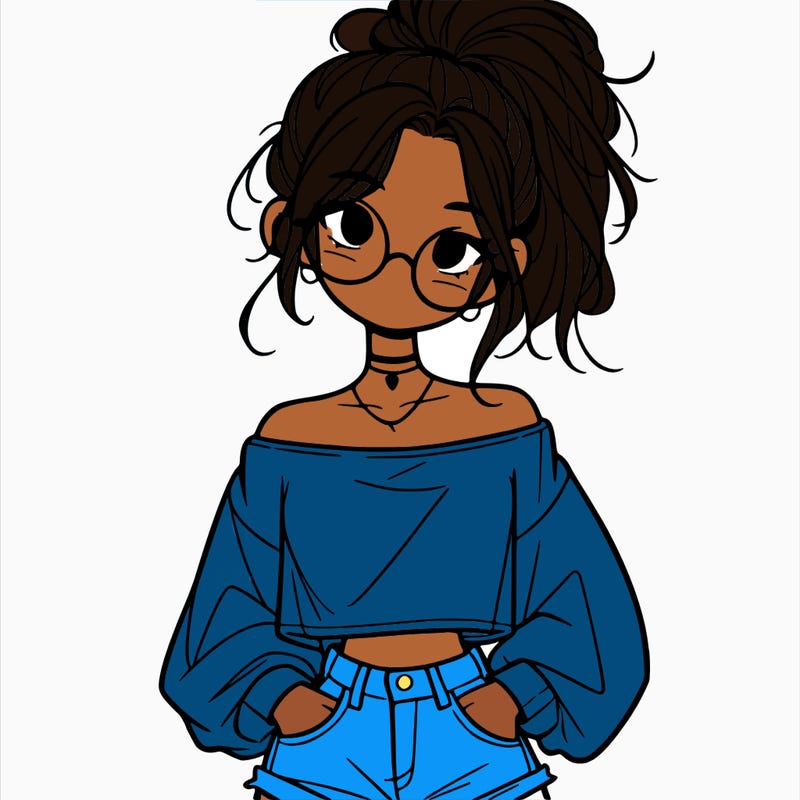 girl with a messy ponytail glasses a baggy crop top and jean shorts