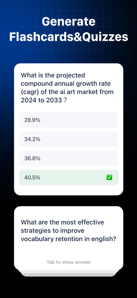 AI Note Taker-Voice to Notes ! - Interface showing AI generated flashcards and multiple choice quizzes for study and active recall.