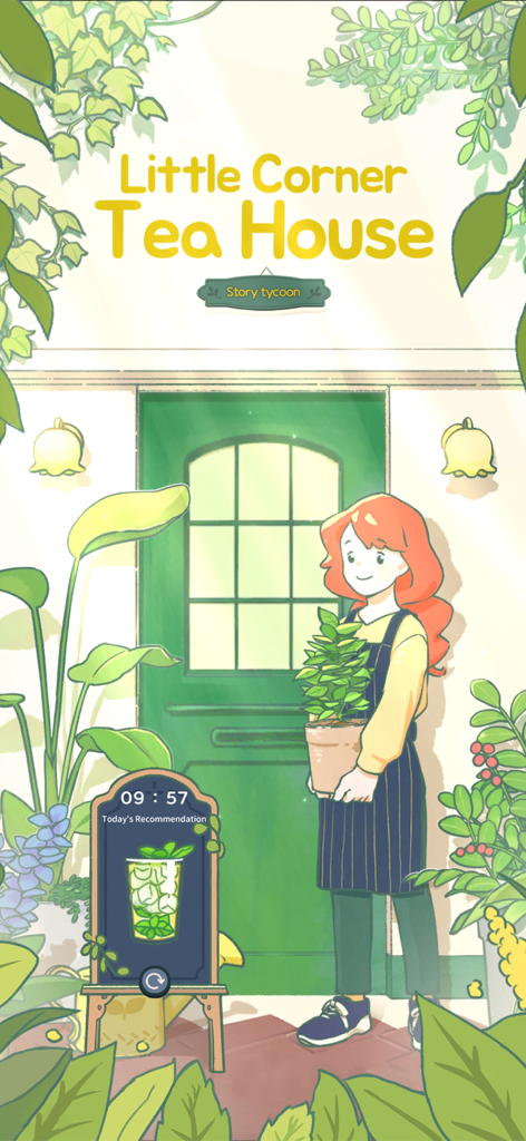 Little Corner Tea House - Main character Hana holding a potted plant in front of the green door of the Little Corner Tea House