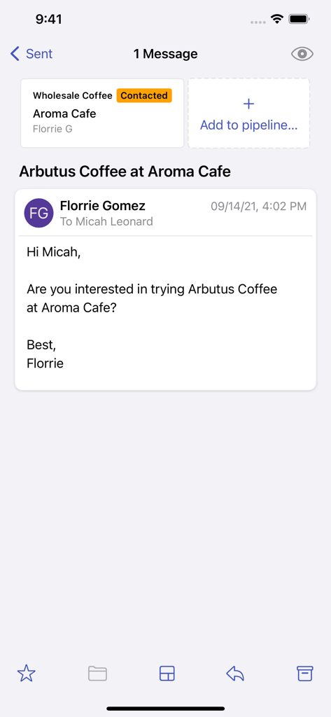 Screenshot of Streak CRM for Gmail showing an email message with a pipeline status tag