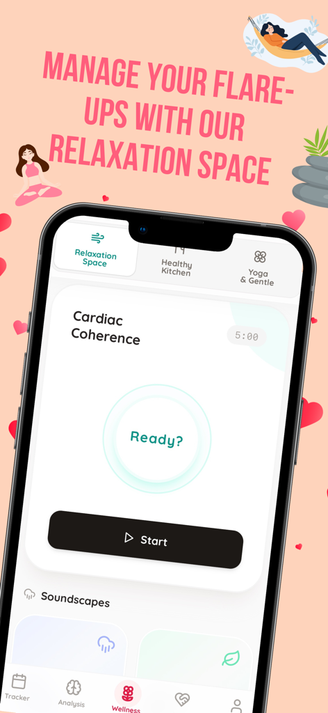 EndoCare : Endo/Period Tracker - EndoCare app interface showing the relaxation space with a cardiac coherence breathing exercise for managing endometriosis flare ups.