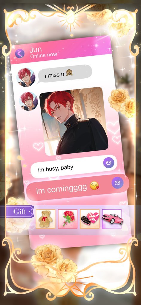 Moonlight Ascension - Otome - In-game chat screen from Moonlight Ascension featuring a conversation with a handsome red-haired character named Jun and gift options like flowers and chocolates.