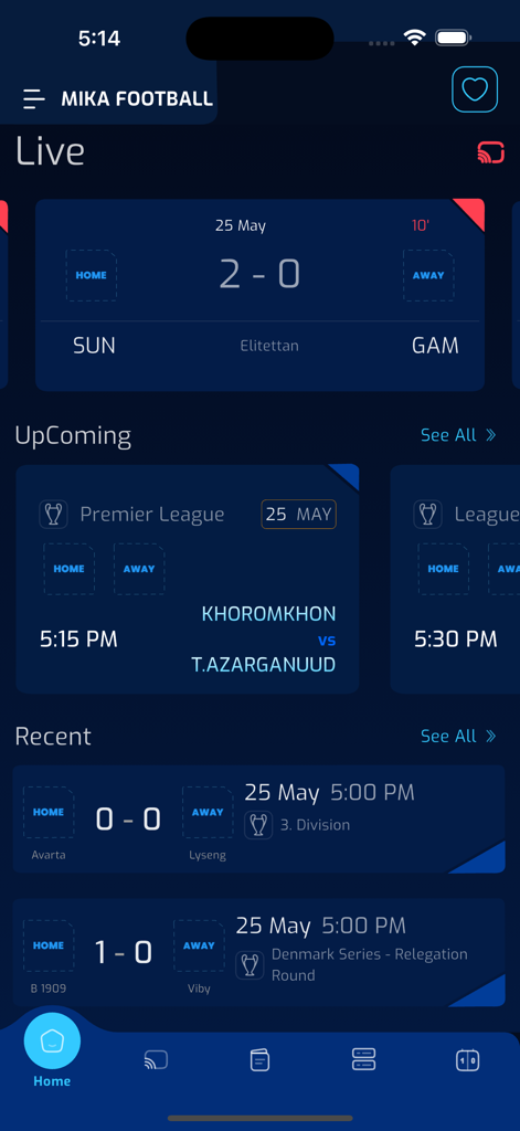 Mika Football - Mika Football app interface showing live and upcoming soccer scores