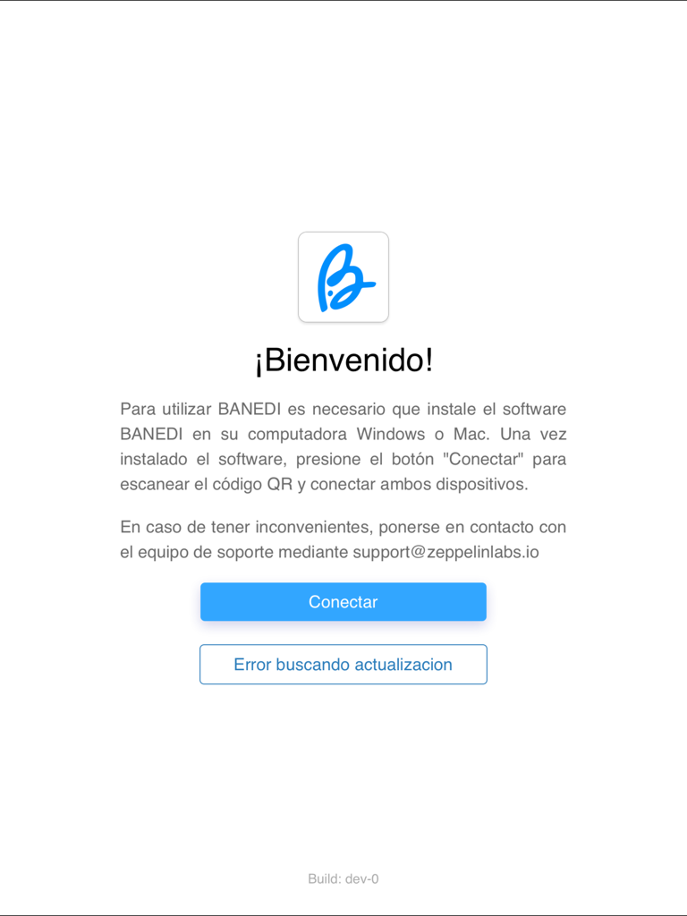 Banedi - Banedi app welcome screen on an iPad with instructions to connect to a desktop software