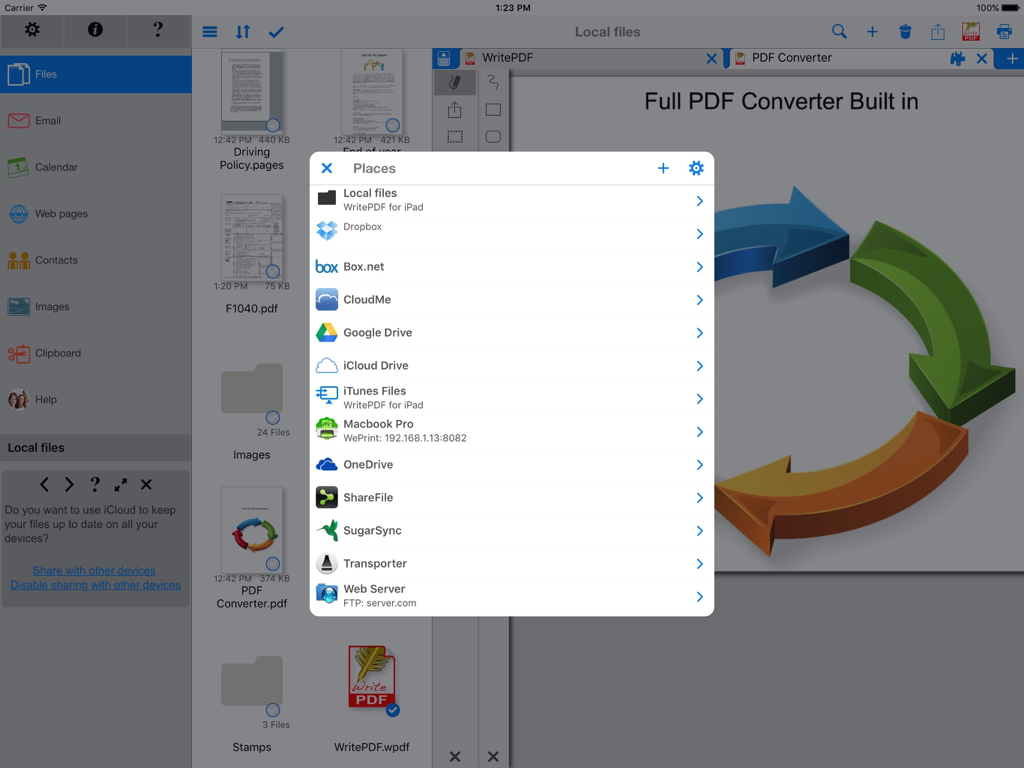 WritePDF iPadインターフェース。ドキュメント管理のために統合されたクラウドストレージサービスの一覧が表示されています。